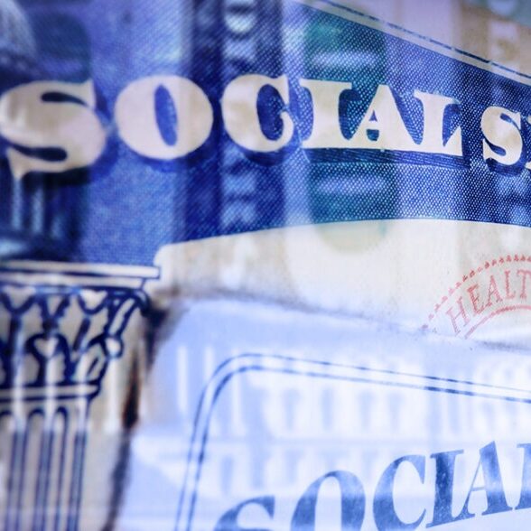layered closeup photos of Social Security cards, the US capitol and money