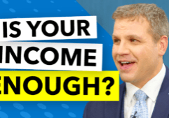 Blue background with text "Is Your Income Enough" and headshot of Loren Merkle in a suit