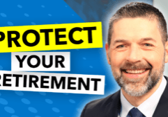 Blue Background with text "Protect Your Retirement" with headshot of Chawn Honkomp smiling in a suit