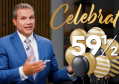 Man in blue suit talks about celebrating age 59 and a half