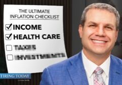 Man in suit smiling in front of Retirement Checklist Graphic with "income" and "health care" checked and two items blurred