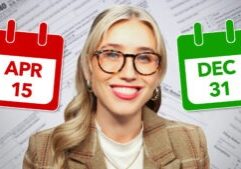 Woman in suit smiling with tax filing calendar deadline on the left and end of year deadline on the right