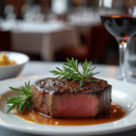 Juicy steak with a bite cut out of it in a nice restaurant with white table cloths and a glass of red wine