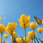 yellow tulips against a blue sky with a yellow and black butterfly flying among them